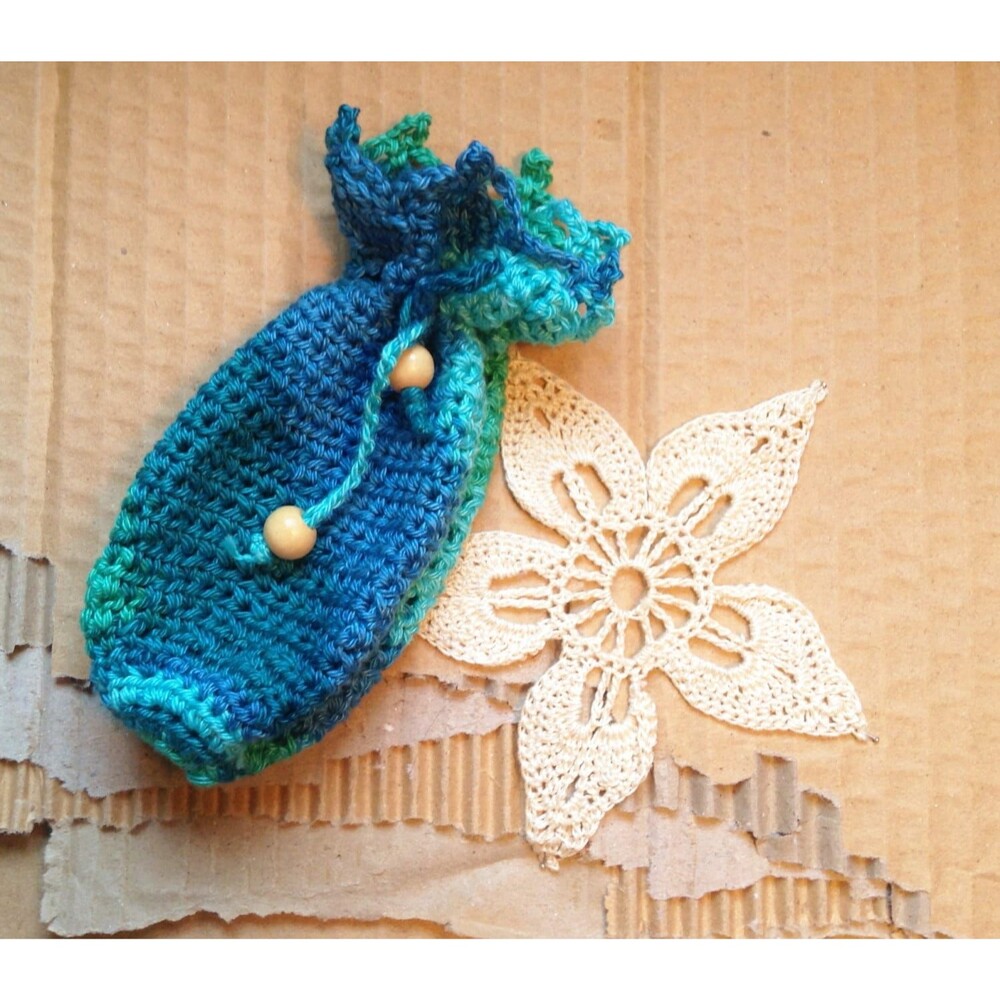 Retro Multi Blue and Sea Green Crochet Drawstring Bag ~ Pouch ~ Coin Purse